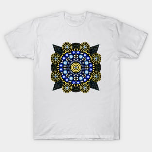 Symmetric Mandala Yellow-Blue-White T-Shirt